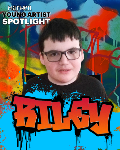 An image of Riley, Marwen graduating senior, with his name and the background image in a graffiti style.