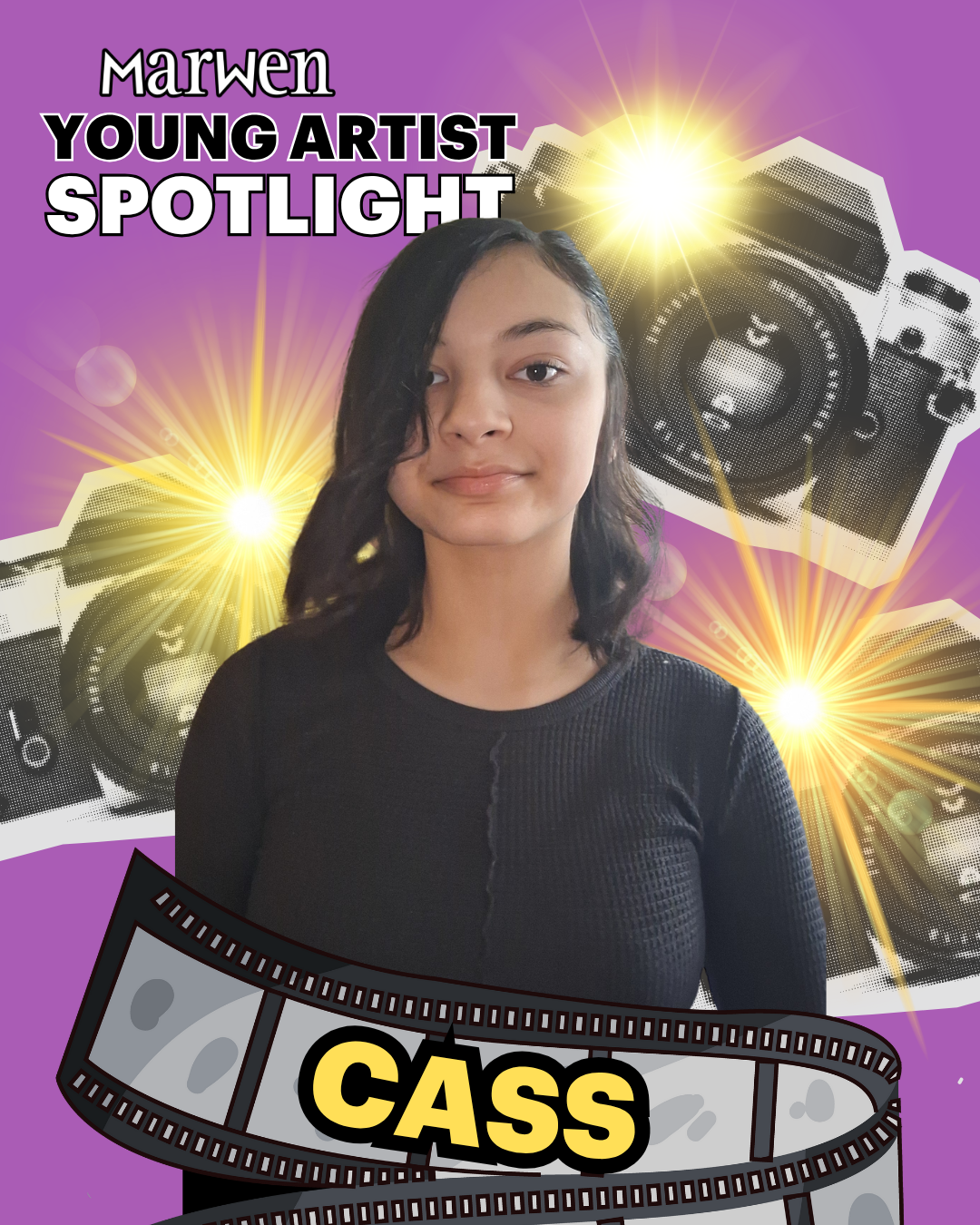 An image of Marwen young artist Cass, with a purple background and film and camera themed embelishments.