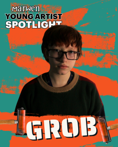 An image of Marwen young artist Grob Sharp on a green and orange background inspired by printmaking processes.