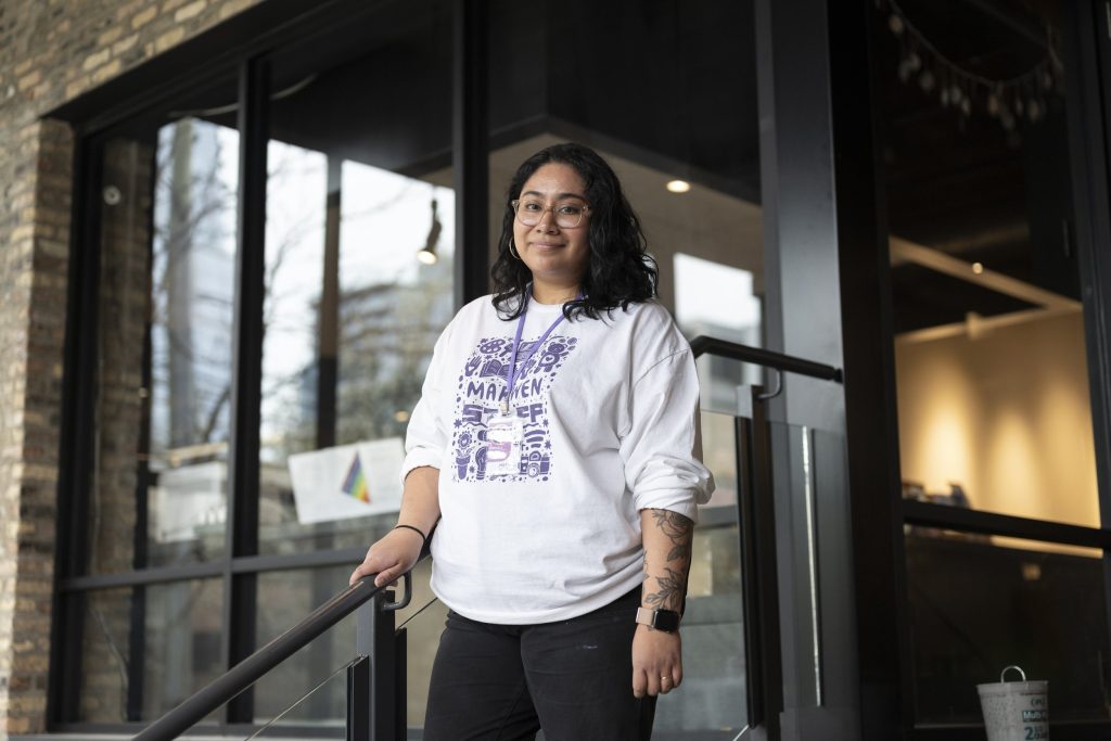 Maricela Ramirez, the senior manager of outreach and youth pathway programs at Marwen, stands outside the building on April 19, 2025. (Max Herman/for City Bureau). 