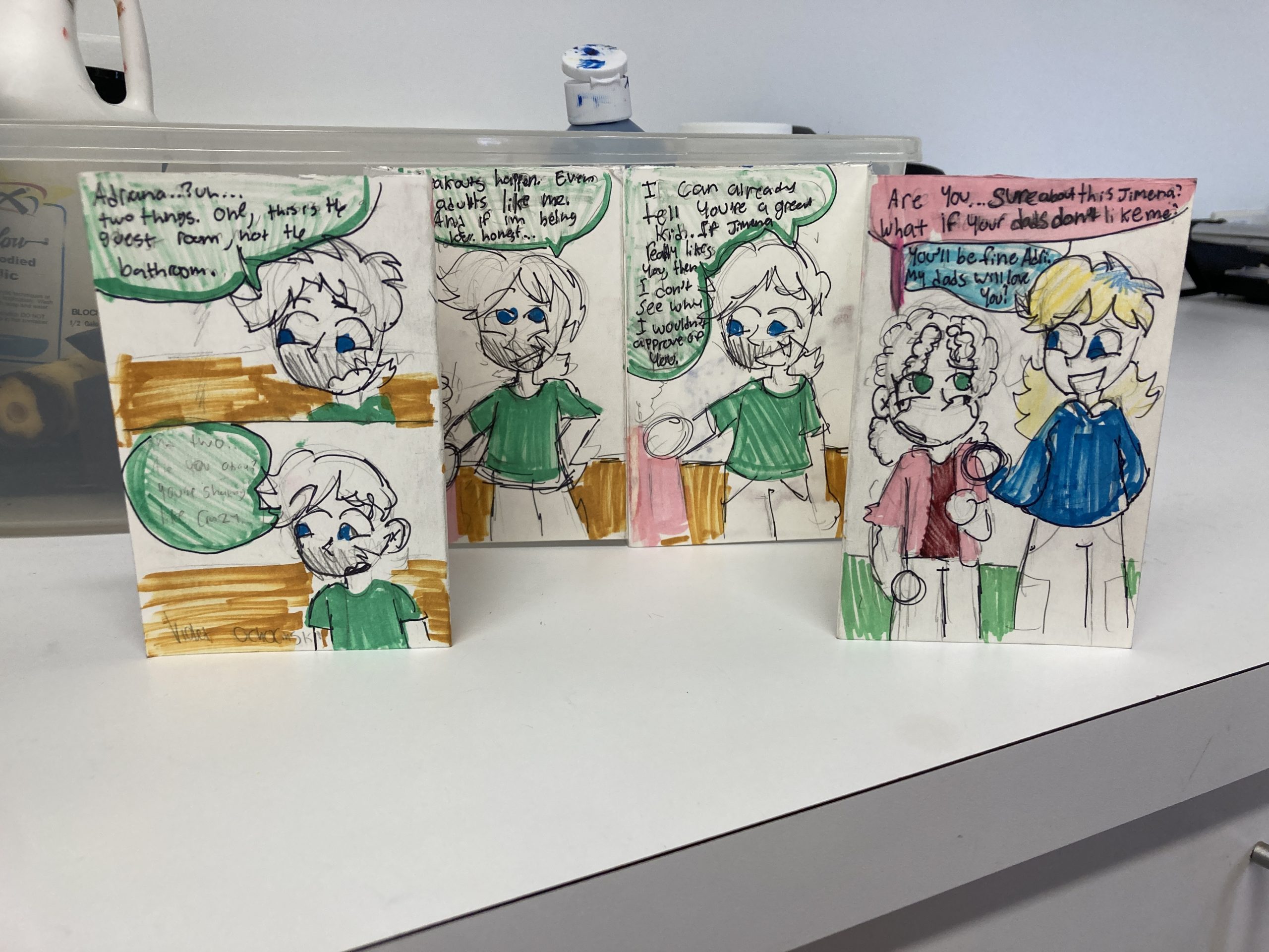 A young artist's colorful comic strip.