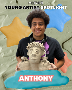 Young Artist Spotlight Series - 2026 - Anthony Cline poses with a sculptural self-portrait in unglazed clay
