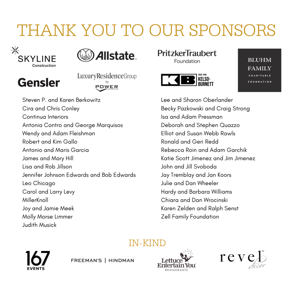 Thank you to our sponsors: logos of Skyline Construction, Allstate, Pritzker Traubert Foundation, Bluhm Family Foundation and donor lists show beneath in two columns.